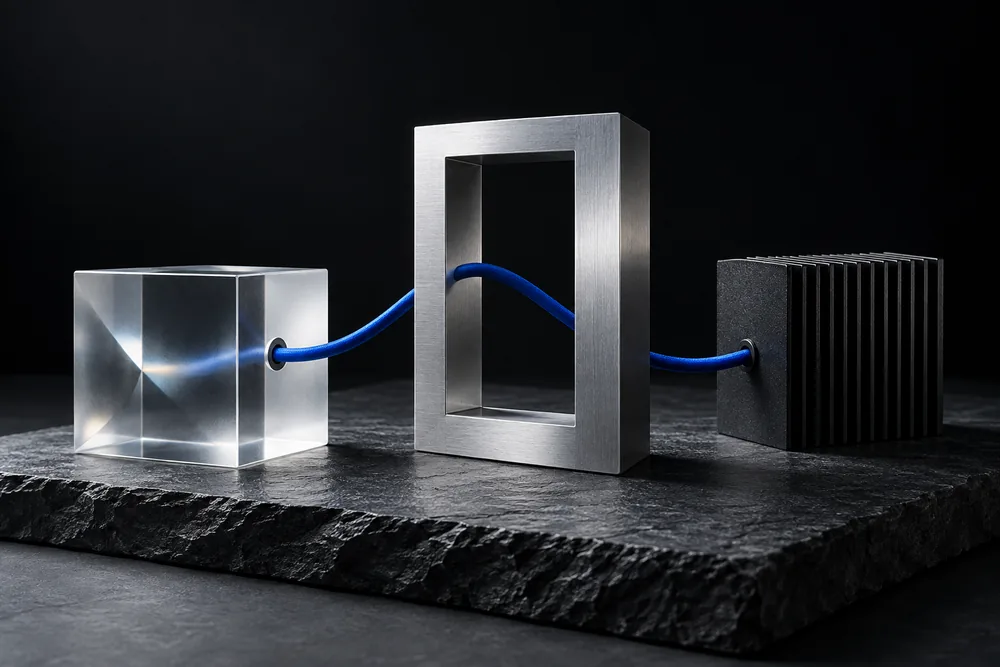 Glass, aluminum and graphite forms joined by a single blue cable — original conceptual artwork