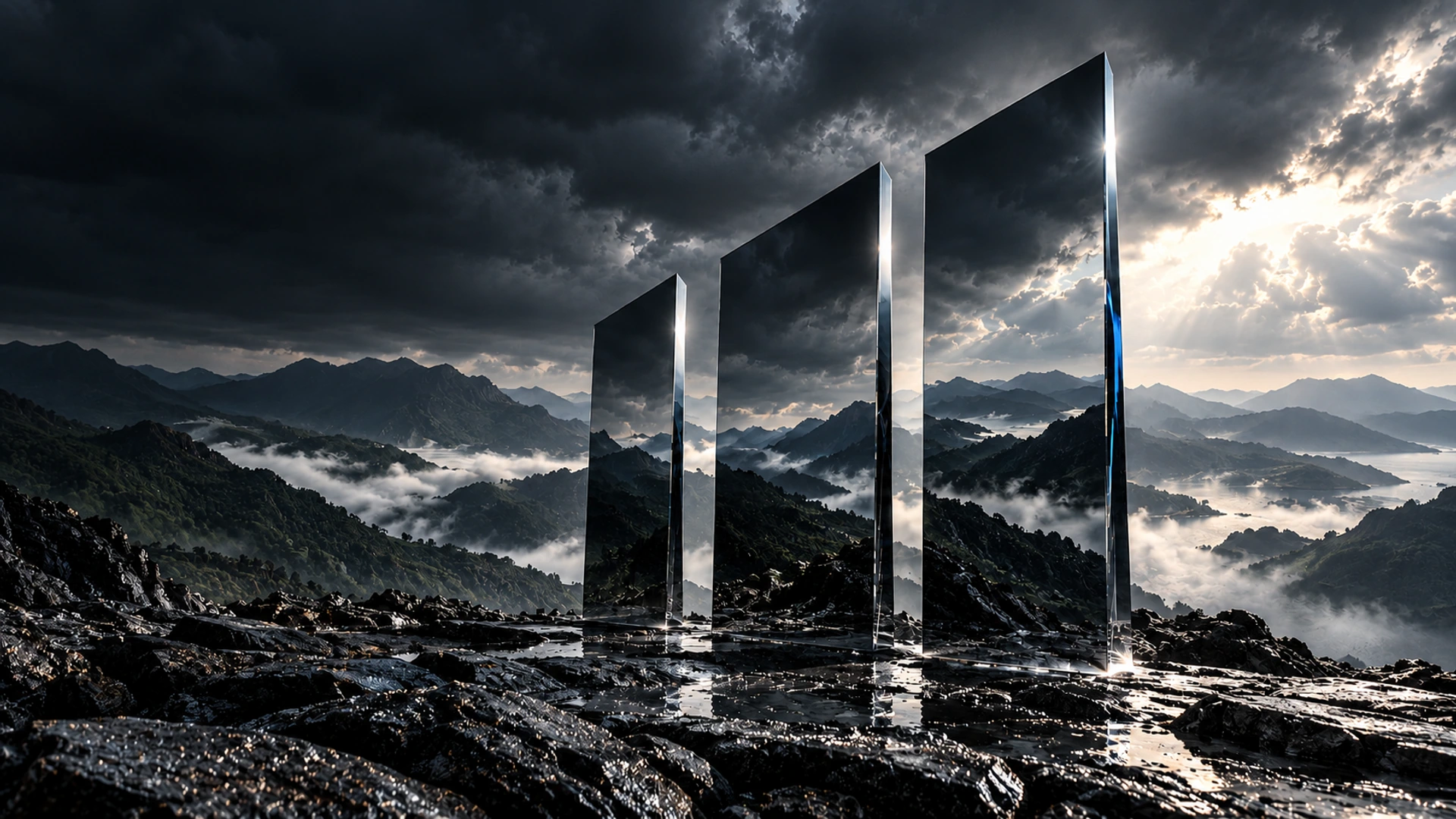 Three mirrored architectural planes rising above a misty mountain landscape — original conceptual artwork